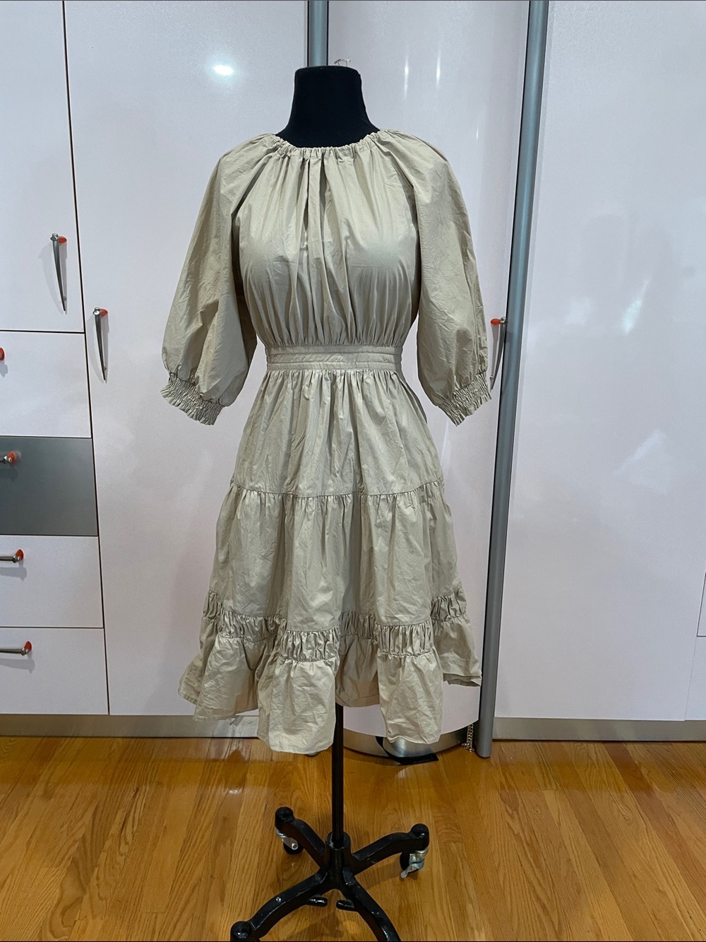 Smocked Waist Midi Dress in Light Beige